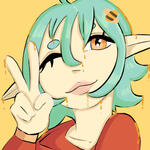 Art of chibi G'raha Tia from Final Fantasy XIV eating a taco in a red sweater and his scarf.